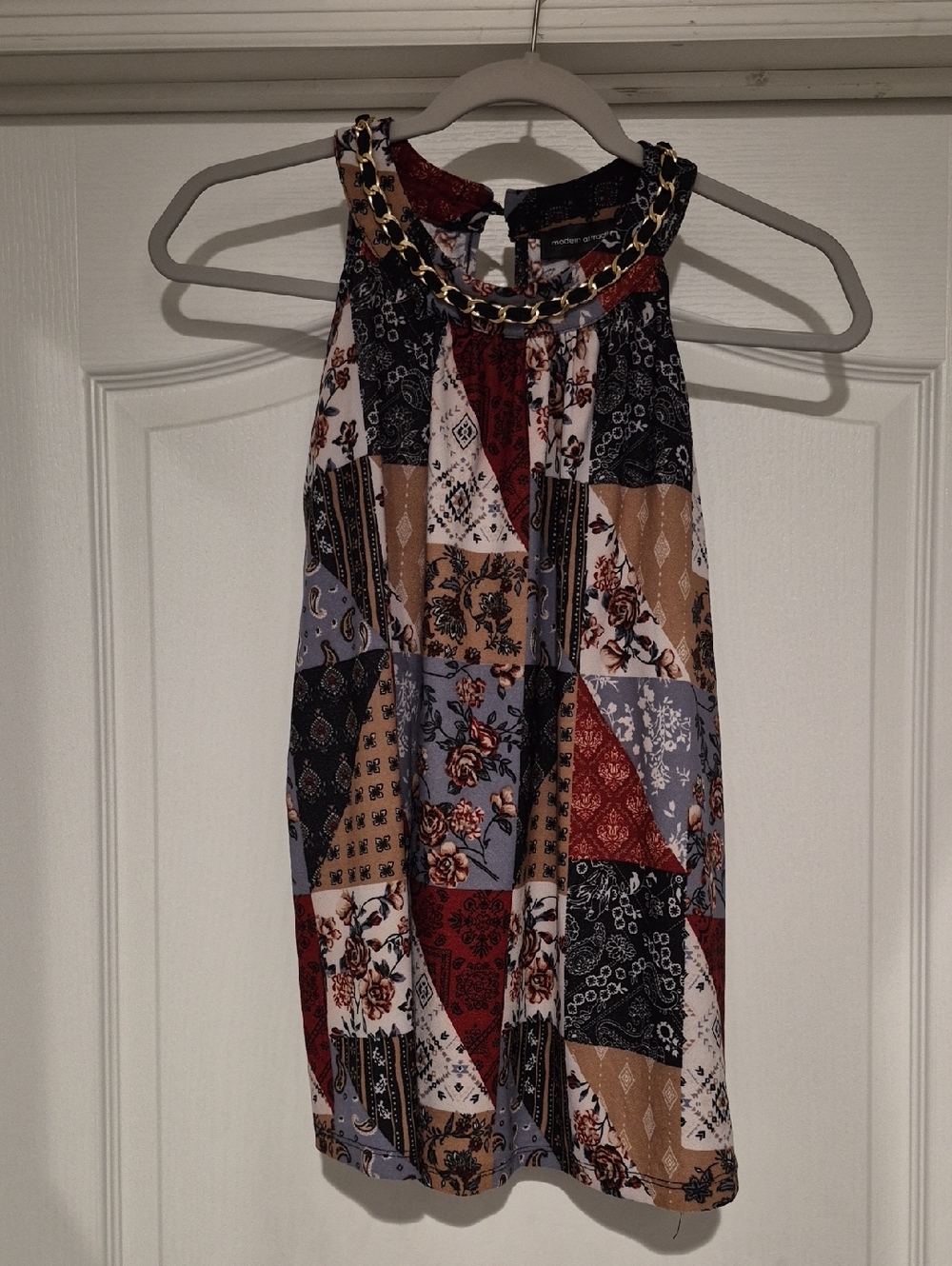 Patchwork Print Halter Top with Chain Trim - Women - Multicolor